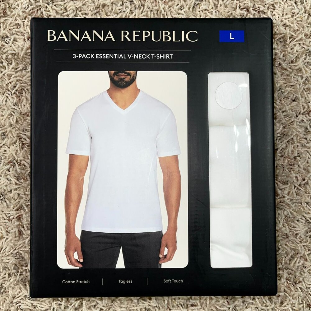 Banana Republic Men's V-Neck Tee T-Shirt White 3-Pack, Size Large (New)